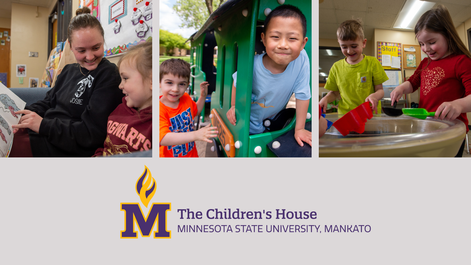 Photos of a teacher reading to child, two boys playing outdoors, and a boy and a girl playing in the classroom. Accompanied by The Children's House wordmark. 